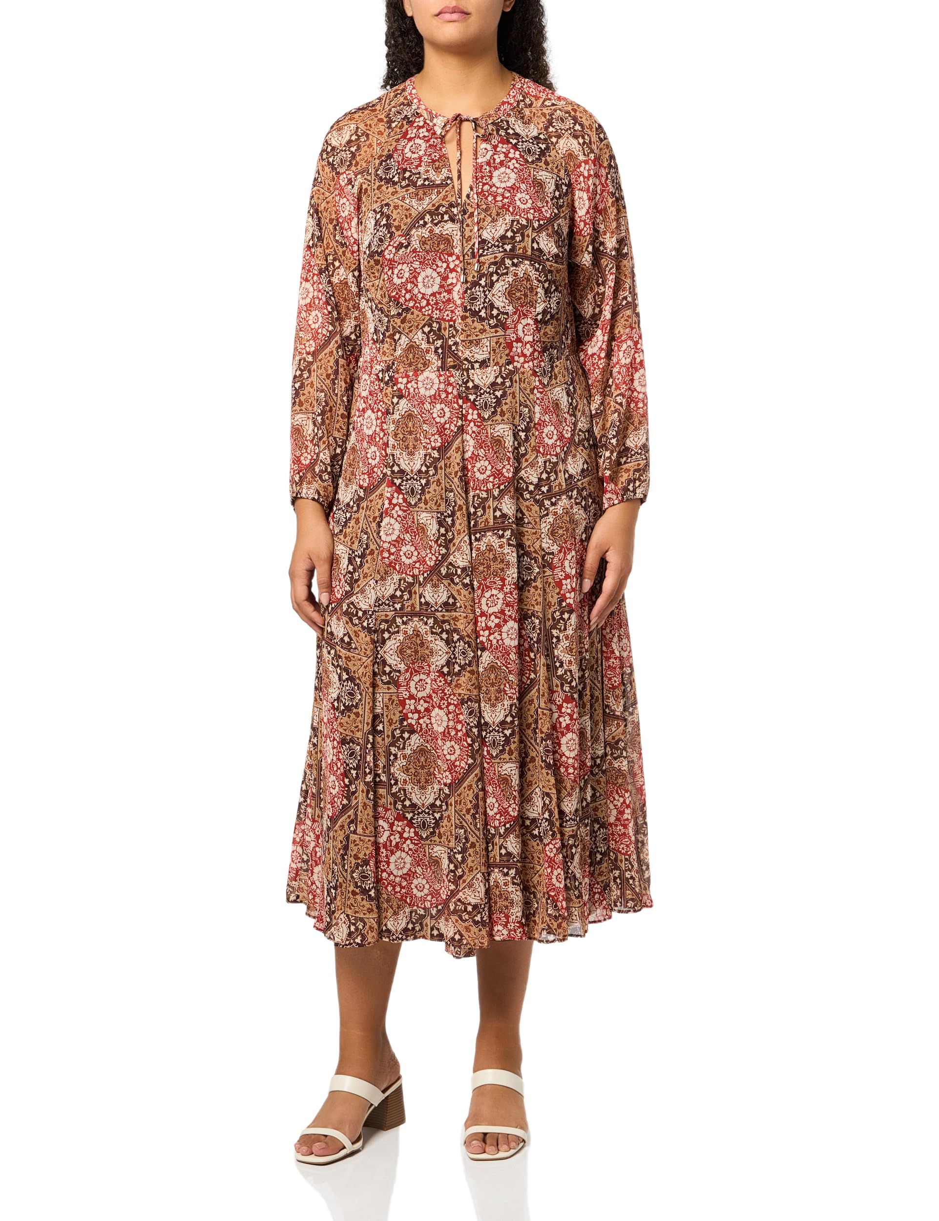Tommy Hilfiger Women's Balloon Sleeve Tie Neck Chiffon A-line Midi Dress, Tanned