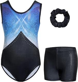 Gogokids Girls Three Piece Sleeveless Gymnastics Leotard Set with Shorts and Hair Bow, Glitter Gymnastics Outfits for Kids with Diamond Accents