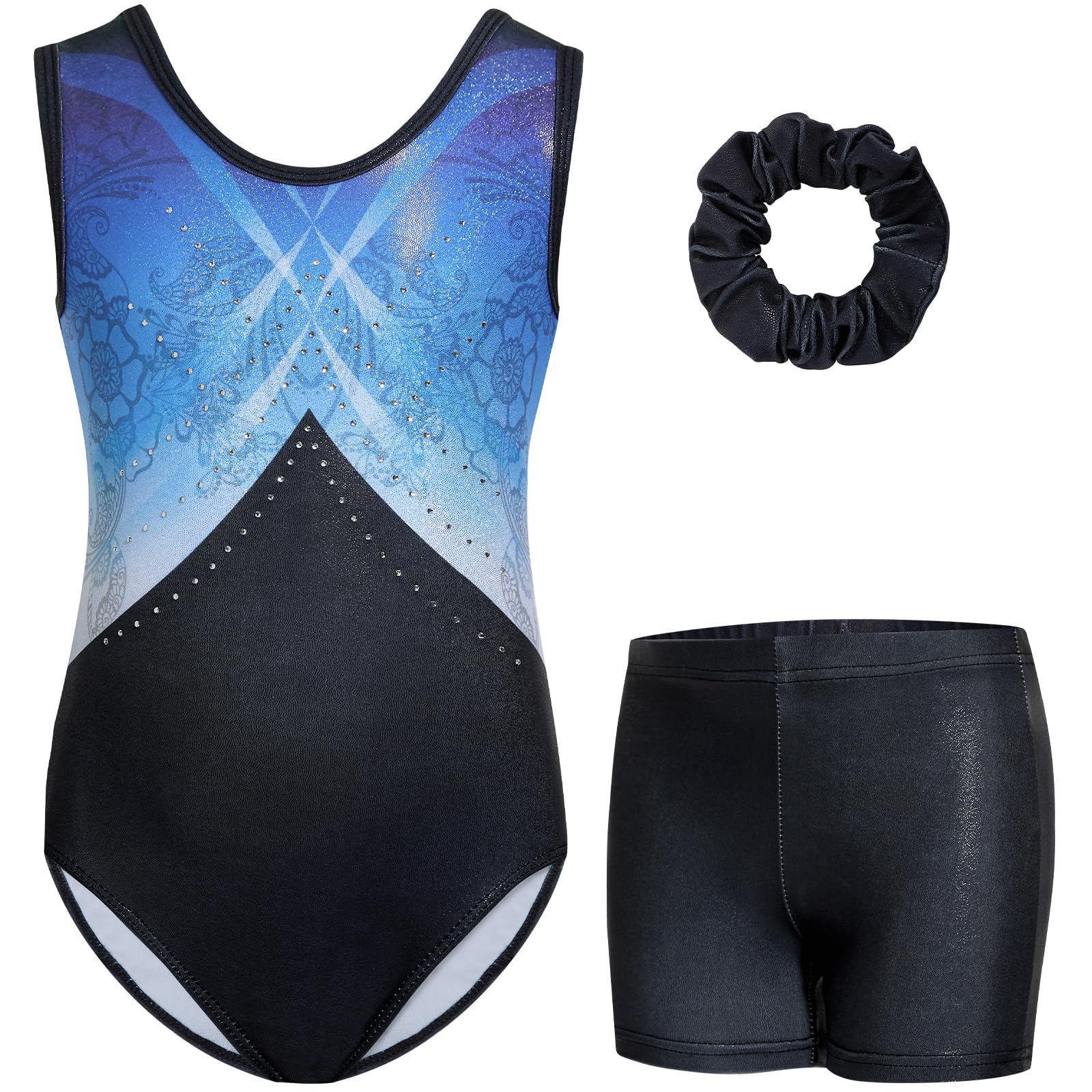 Gogokids Girls Three Piece Sleeveless Gymnastics Leotard Set with Shorts and Hai