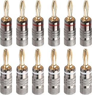 NOSTALSIC Banana Plugs Red + White Set Solderless 24k Gold Plated Easy Installation Double Screw Fix Compatible with 12AWG～18AWG Audio for Speaker/Amp (12 pieces (6 pairs))