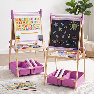 Purple Kids Art Easel Set, Wooden 3-in-1 Magnetic Whiteboard & Chalkboard | Height Adjustable Dual-Sided Art Station with Painting Paper Roll and Art Supplies Included, Ages 3+