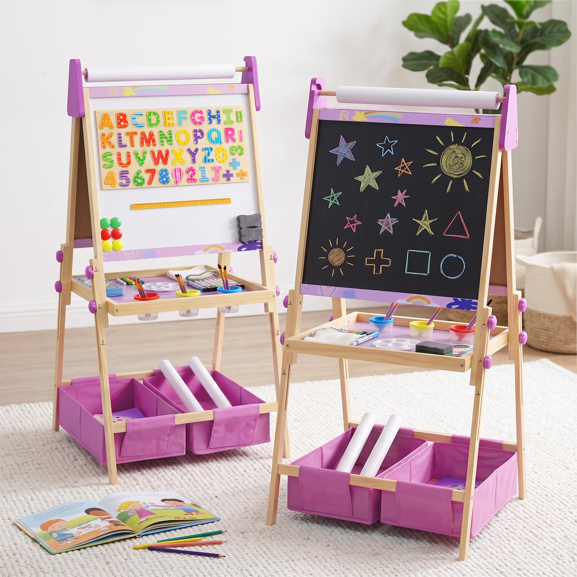 Purple Kids Art Easel Set, Wooden 3-in-1 Magnetic Whiteboard & Chalkboard | Heig