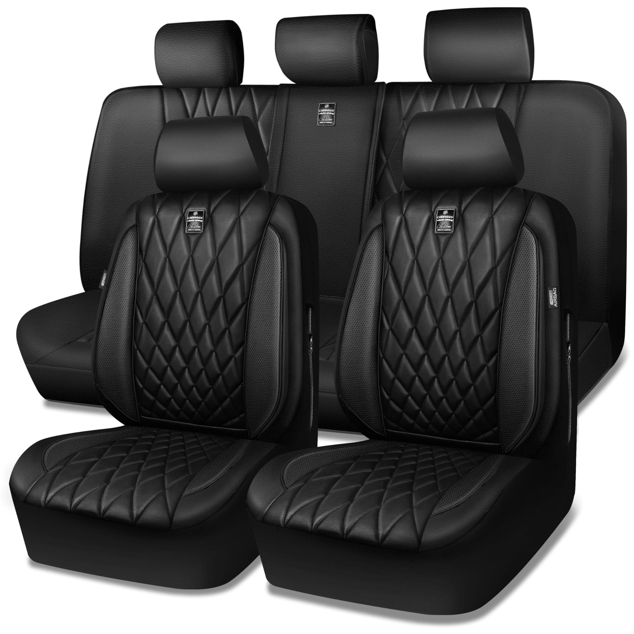 CAR PASS 5 Seats Piping Luxury Faux Leather Seat Covers Full Set, Anti-Slip Wate