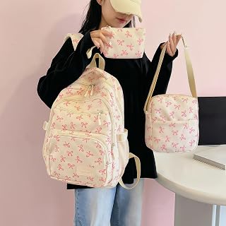 3 Pieces Art Bow Backpack Set Large Capacity Casual Travel Bag with Lunch Box and Case Korean Style Backpack, Pink, Multi-function