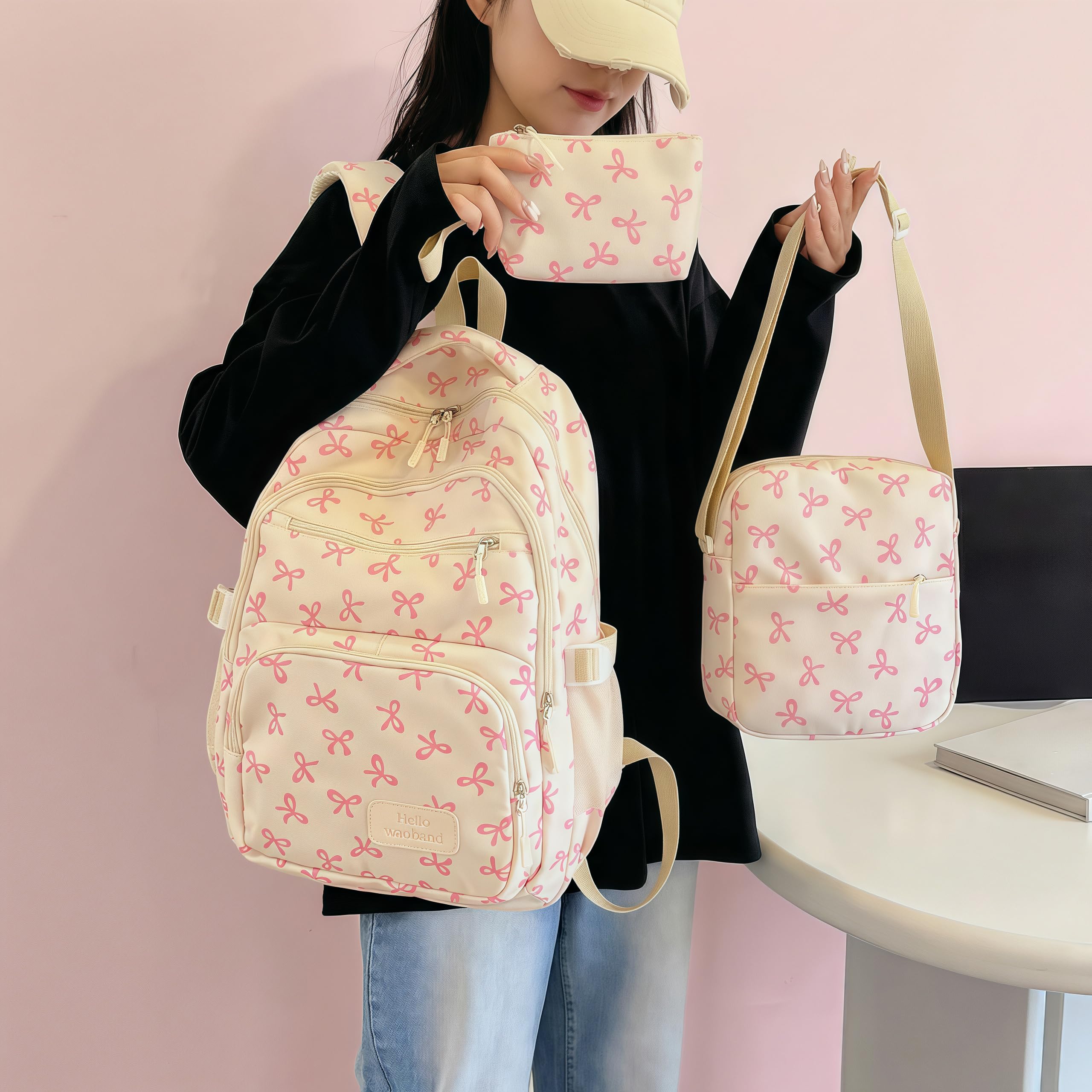 3 Pieces Art Bow Backpack Set Large Capacity Casual Travel Bag with Lunch Box an