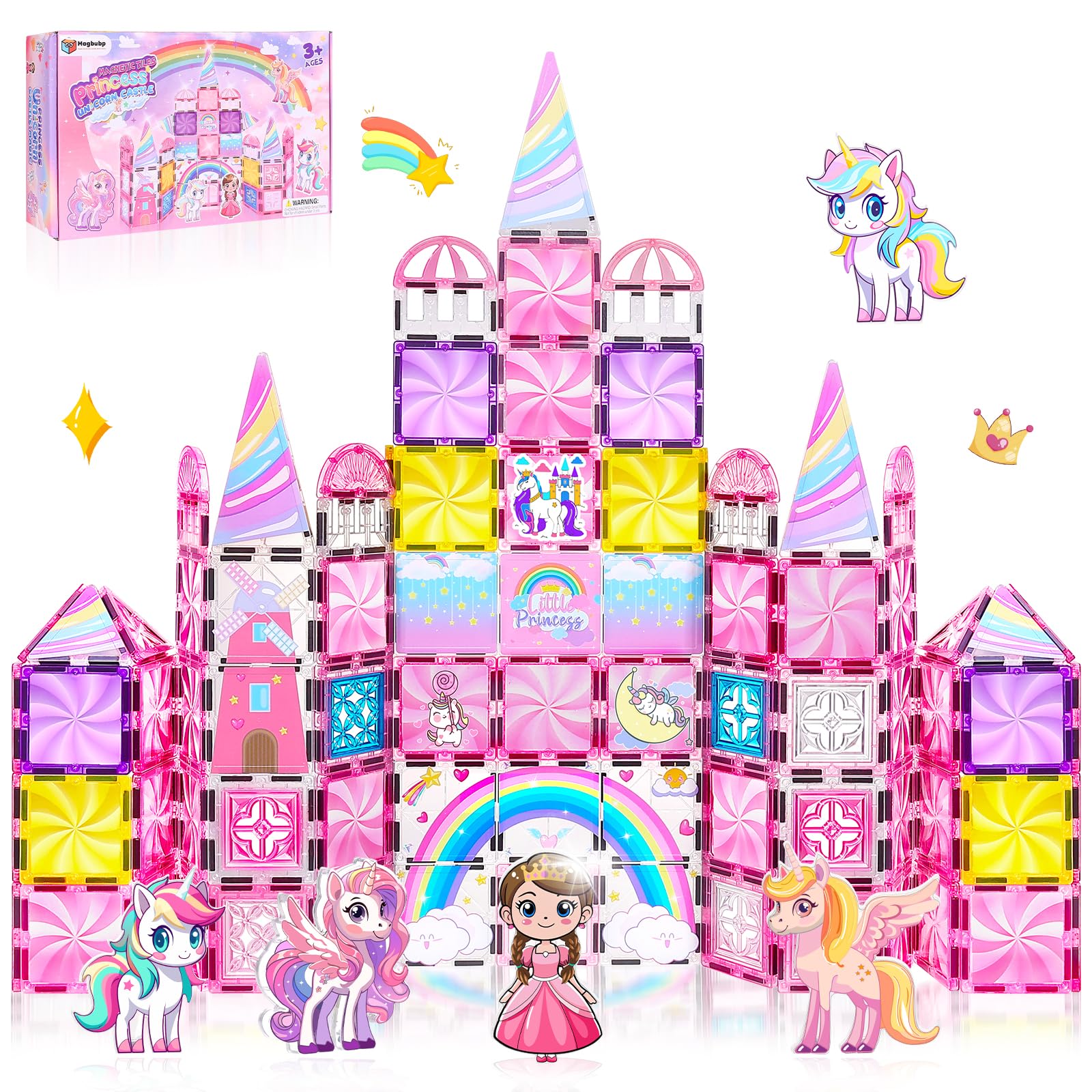 Magnetic Tiles Unicorns Princess Castle with 5 Dolls & Magnetic Decors Kit | Uni