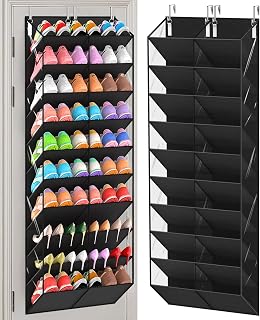 UVIAHOMI 20-30 Pairs Over the Door Shoe Organizer, 10-Tier Door Shoes Rack | Black Clear Pockets Hanging Shoe Storage for Closet, Handing Shoes Holder Fit All the Family's Sneakers, Boots, Heels