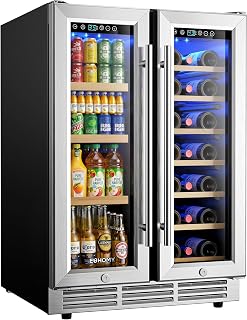 EUHOMY Wine and Beverage Refrigerator, 24 Inch Dual Zone Wine Cooler | Built-in or Freestanding, 21 Bottles & 88 Cans Glass Door, Removable Shelves, LED Light, Digital Temperature Control