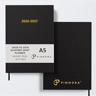 Pinnora A5 Black Academic Diary 2026-2027 Week to View, Hard Cover, August - July Dated Academic Planner, Ideal Student & Teacher Planner 2026-27, University, Revision, Study, To-Do Lists