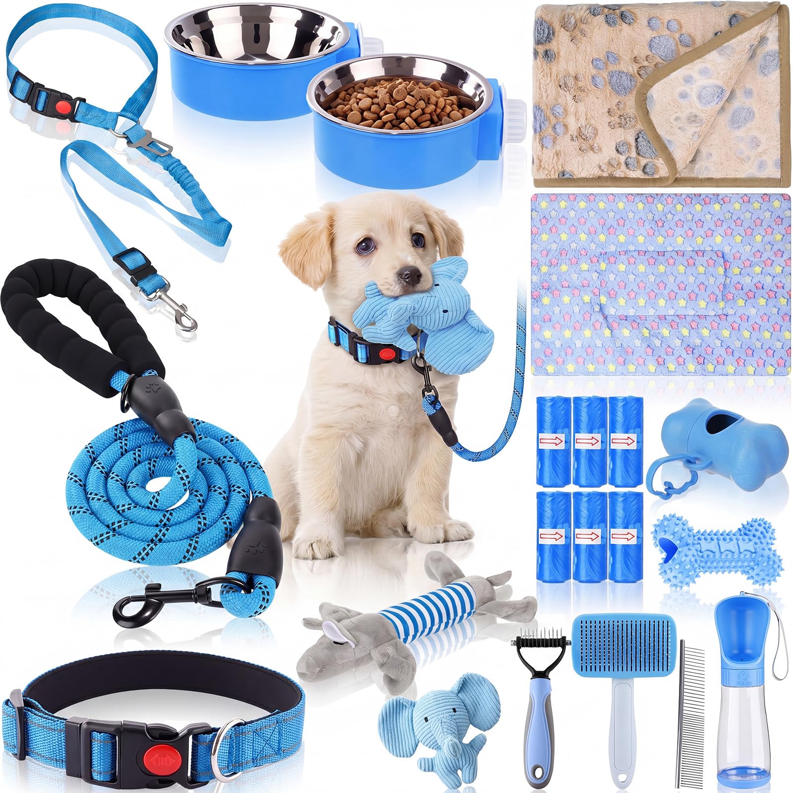 PullCrease 30 Pcs Puppy Starter Kit No Pull Harness Set, Blue, Elephant | Small 