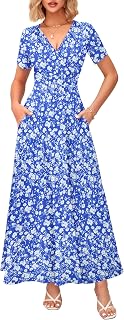 WNEEDU Women's Summer Maxi Dress Wrap Short Sleeve with Pockets