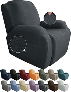 JIVINER Design 4 Piece Recliner Chair Covers Stretch Jacquard Covers for Recliner Chair Slipcovers for Living Room Soft Furniture Protector with Pocket (1 Seat, Dark Gray)