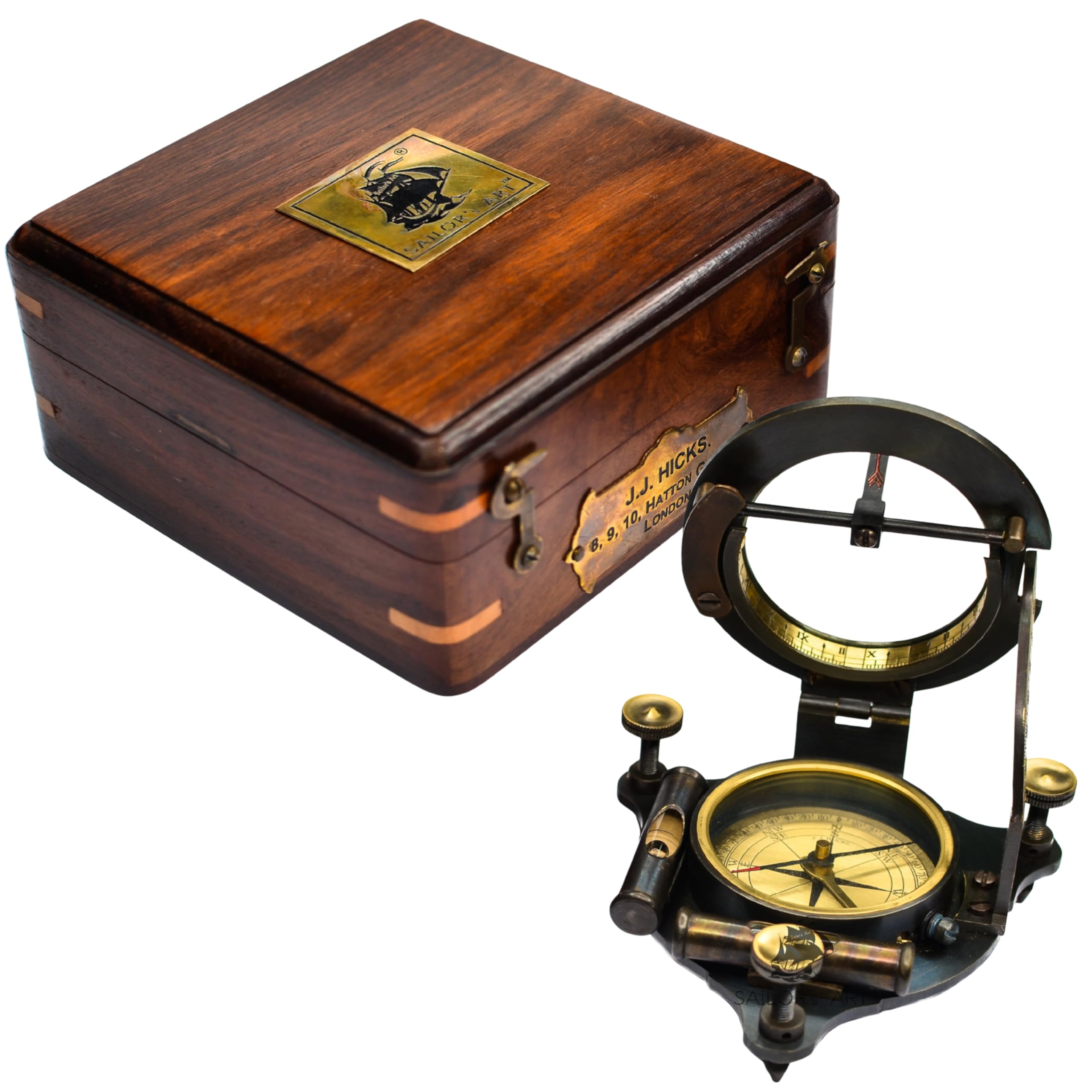 SAILOR'S ART Antique Brass Heavy Sundial Compass with Wooden Box and Chart | Wor