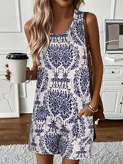 Women Sleeveless Damask Print Jumpsuit Casual Round Neck Wide Leg Short Jumpsuit with Pockets for Summer