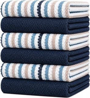 Bumble Kitchen Towels 6 Pack 100% Cotton Dish Towels, 16"x26" - Blue | Wide Stripes - 430 GSM Soft Kitchen Hand Towels with Hanging Loop, Highly Absorbent & Durable for Washing and Drying Dishes
