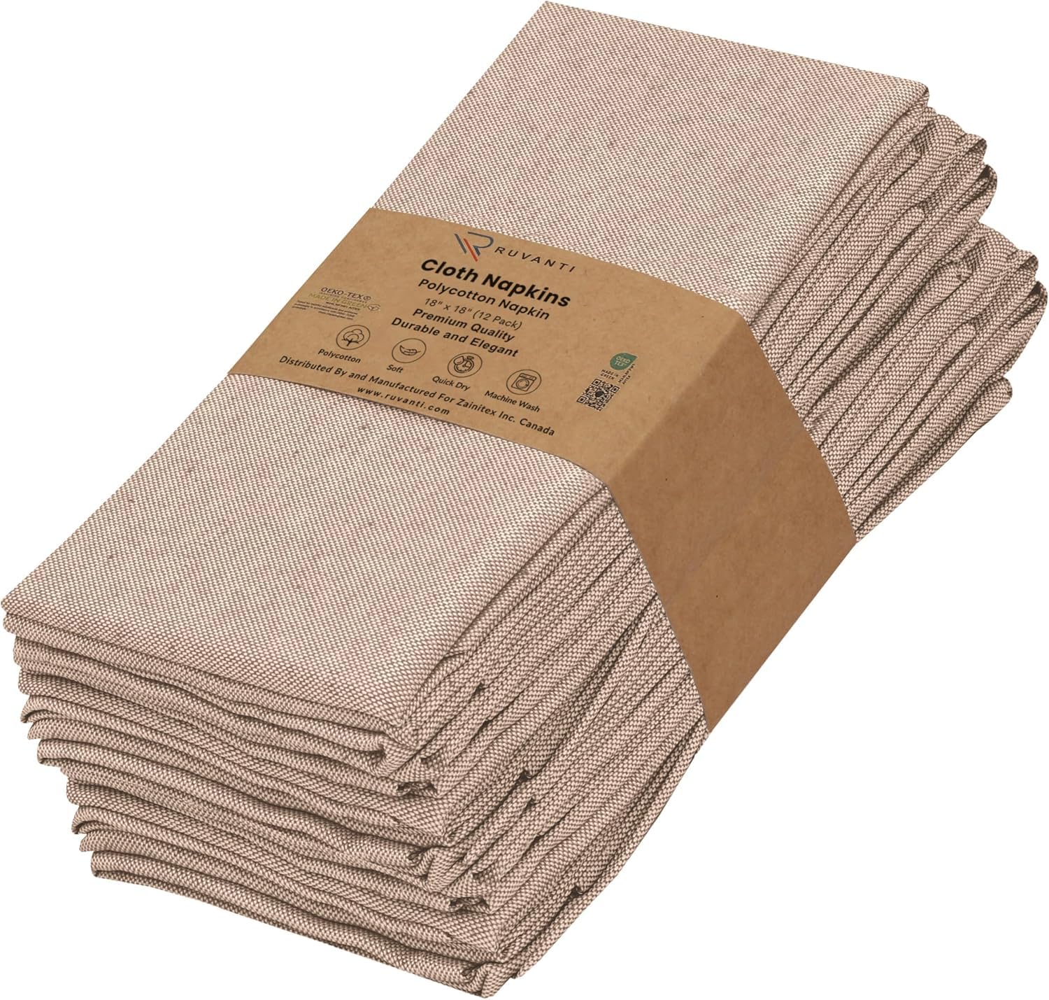 Ruvanti Cloth Napkins Set of 12, Poly Cotton Fabric 18x18 - Sand | Washable, Sof