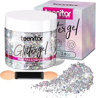 Teenitor Body Glitter, Body Glitter Gel, Hair Glitter, Face Glitter, Holographic Chunky Makeup Silver Glitter Gel for Face, Makeup, Hair, Eye