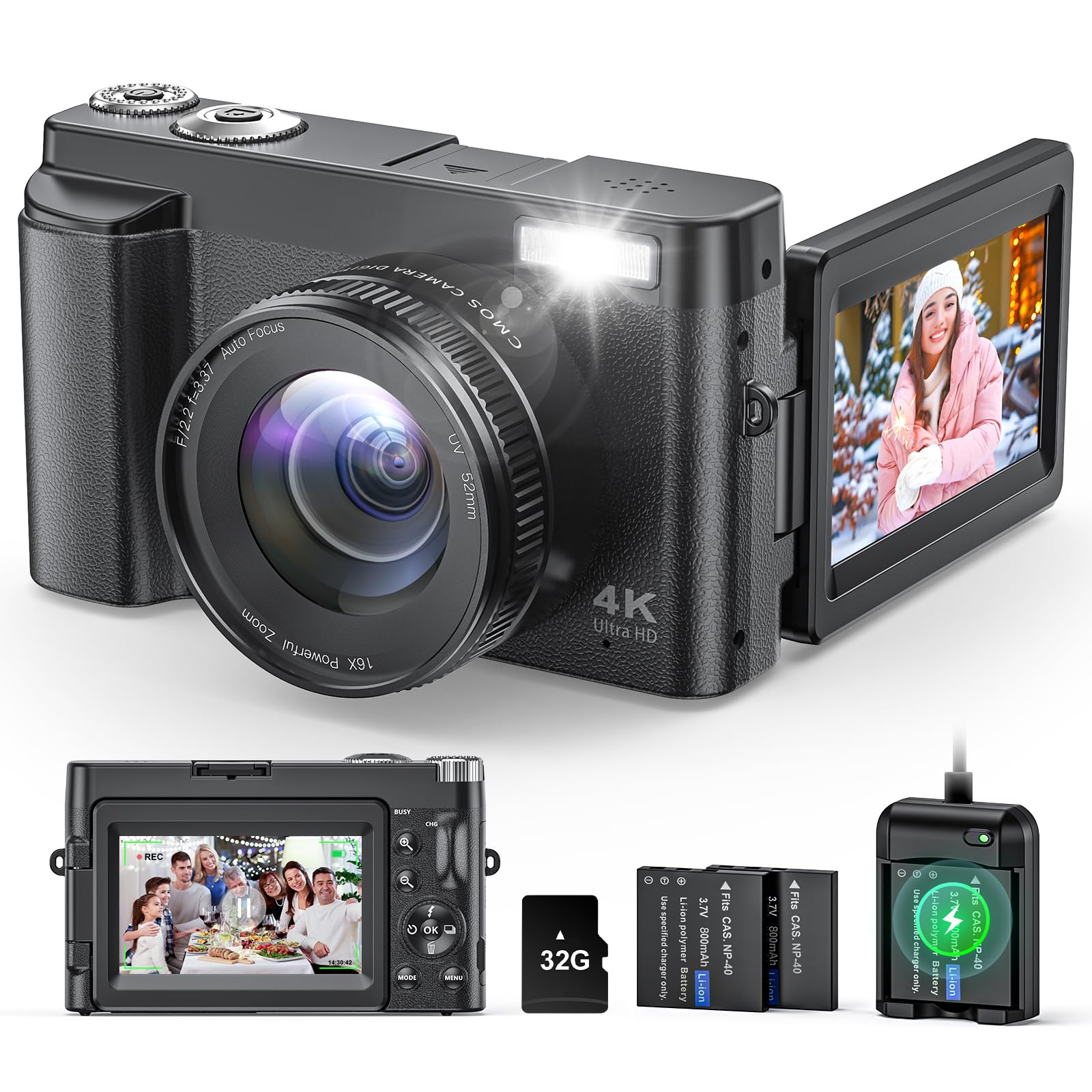 4K Digital Camera for Beginners & Teens, with Flip Screen, 32G Card(Black) | 48M