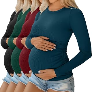 Ficerd Pack of 4 Women's Maternity Tops Long Sleeve Cotton Round Neck Ribbed Pregnancy Dresses