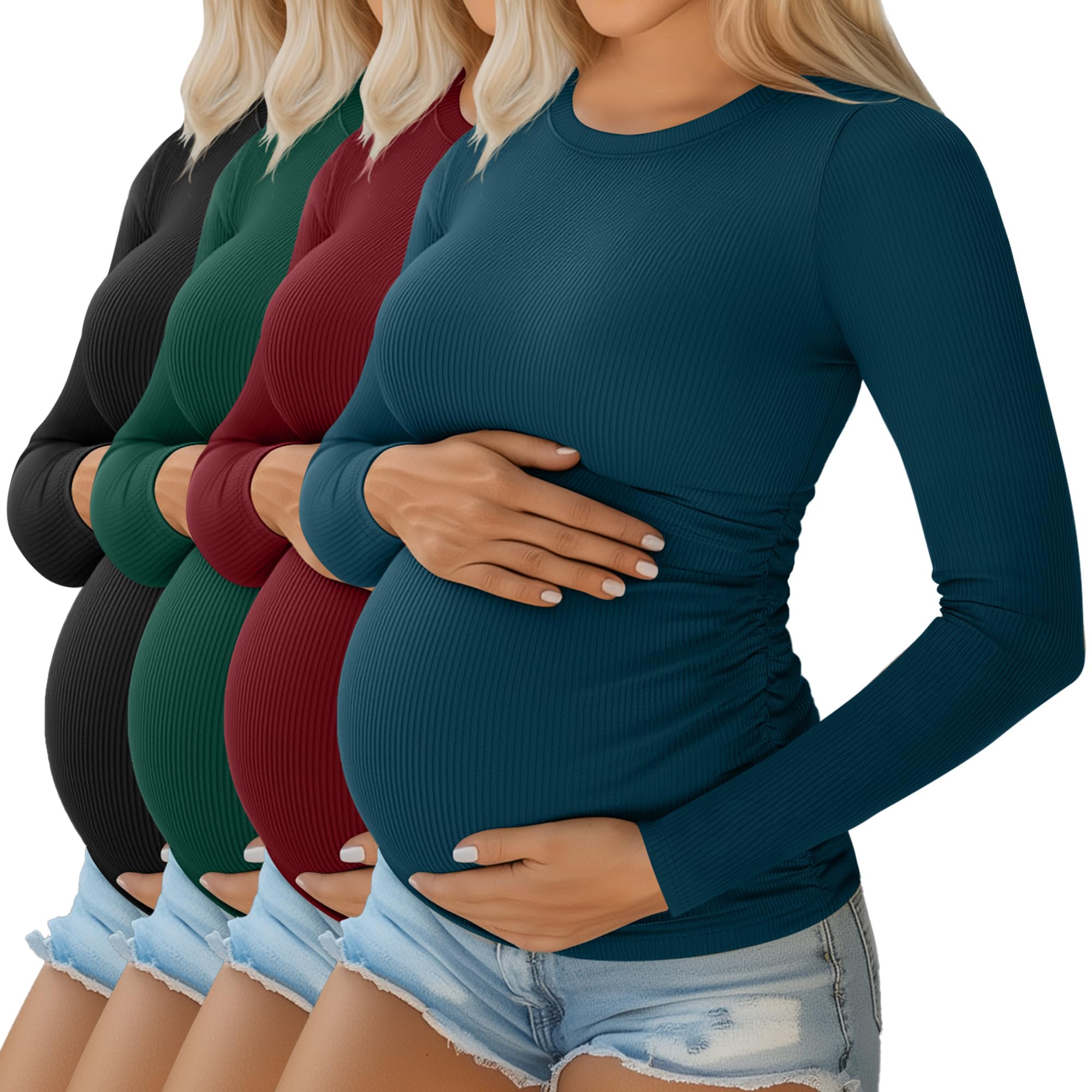 Ficerd Pack of 4 Women's Maternity Tops Long Sleeve Cotton Round Neck Ribbed Pre