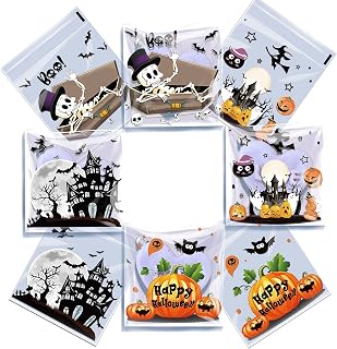 100 Pcs Halloween Cellophane Treat Bags - Adhesive Clear Cookie Bags, Self Sealing Transparent Cellocandy Bags, Adhesive Plastic Goody Snacks Gift Bags for Halloween Party Favors