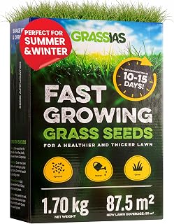 Grassias Fast Growing Grass Seed – 1.70KG Premium Quality Lawn Seed for Overseeding & New Lawns – Hard Wearing & Pet Friendly - Perfect for UK Lawns - Winter & Defra Approved