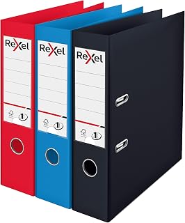 Rexel Assorted Pack of 3 (Red,Black, Blue) A4 Lever Arch Files, 75mm Spine | Strong Polypropylene Filing Folders, Perfect for Organising Your Paperwork, Well Suited For Home, Office and School Use