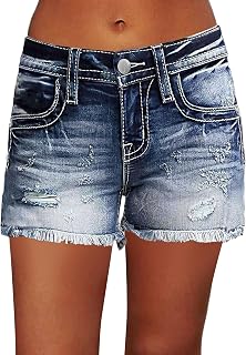 Flamingals Pantalones cortos de mezclilla para mujer, cintura media, elásticos, rasgados, dobladillo sin procesar, curvos, de verano, a la moda