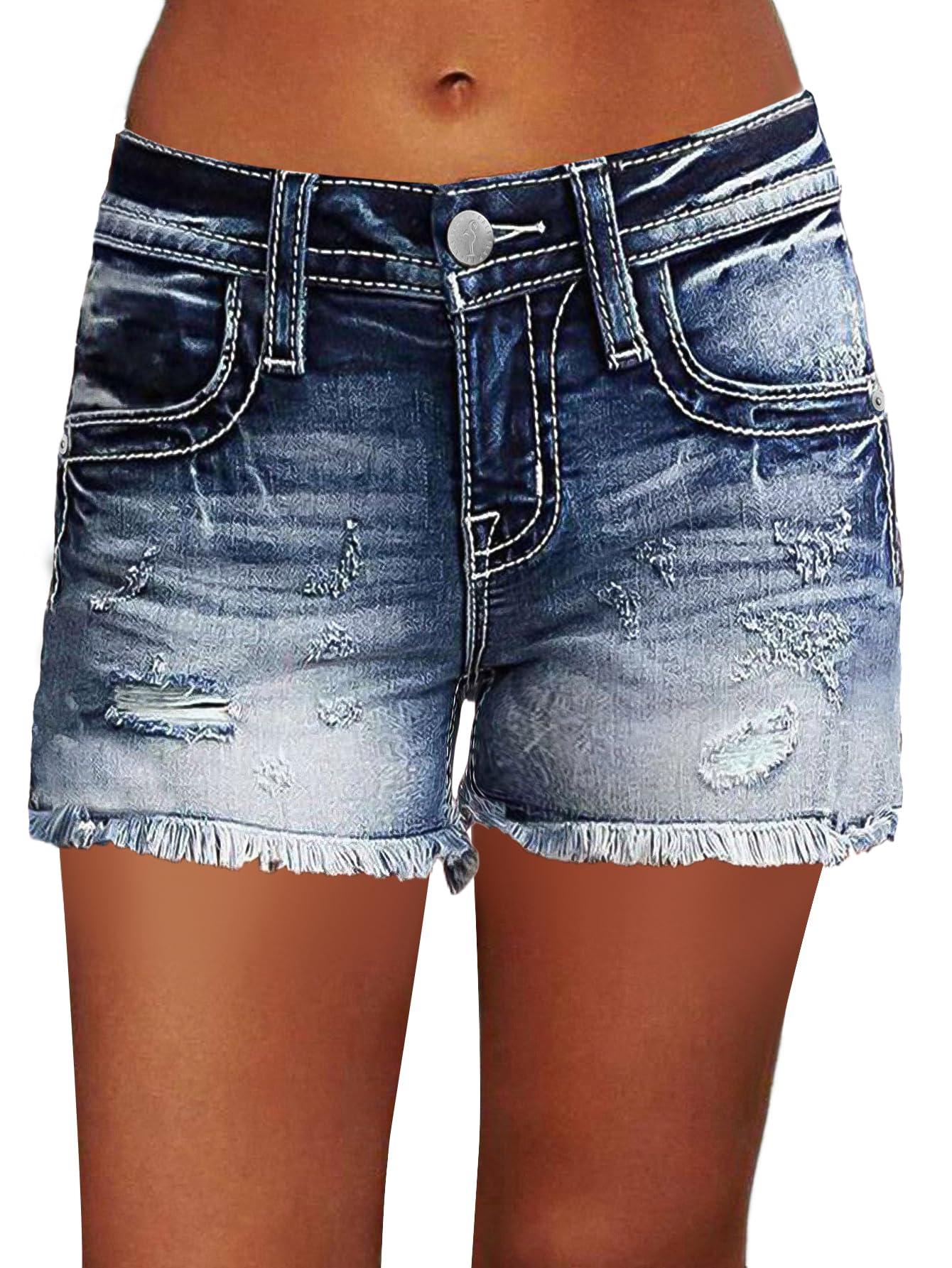 Flamingals Pantalones cortos de mezclilla para mujer, cintura media, elásticos, 