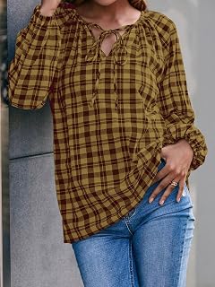 Women's Plaid Tie V-Neck Blouse Casual Puff Long Sleeve Gingham Trendy Tops Work Check Shirt