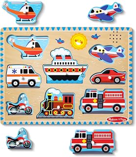 Melissa & Doug Vehicles Wooden Sound Peg Puzzle 8-Piece Set | 9 Pieces, Wooden Board, 8 Vehicle Pegs, Light-Activated Engine Sounds, Sensory Play, Toddler Learning Toys for Kids, Ages 2+