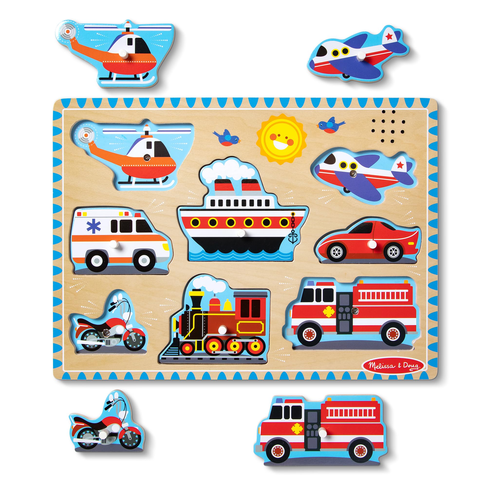 Melissa & Doug Vehicles Wooden Sound Peg Puzzle 8-Piece Set | 9 Pieces, Wooden B
