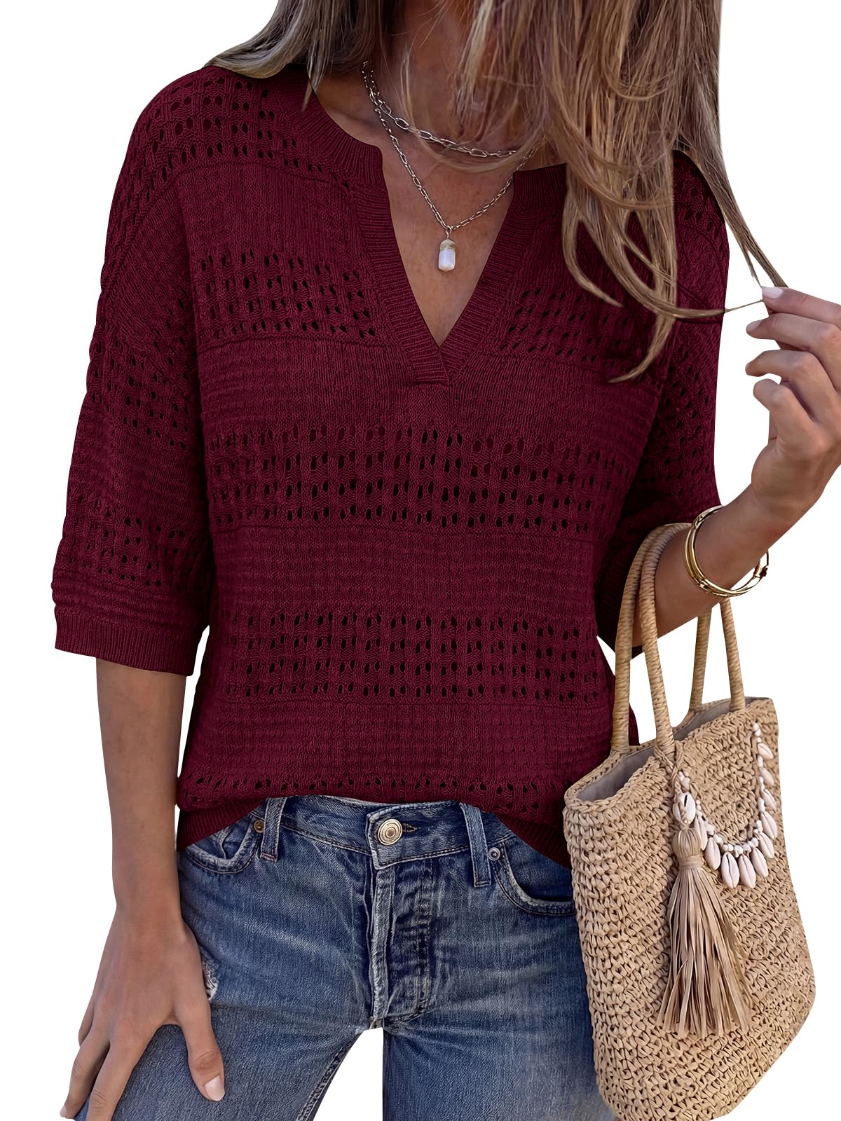 PRETTYGARDEN Womens Crochet Tops Casual Cotton Hollow Out Knit Short Sleeve Over