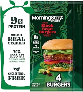 MorningStar Farms Veggie Burgers, Vegetarian Meat, Spicy Black Bean (4 Count)