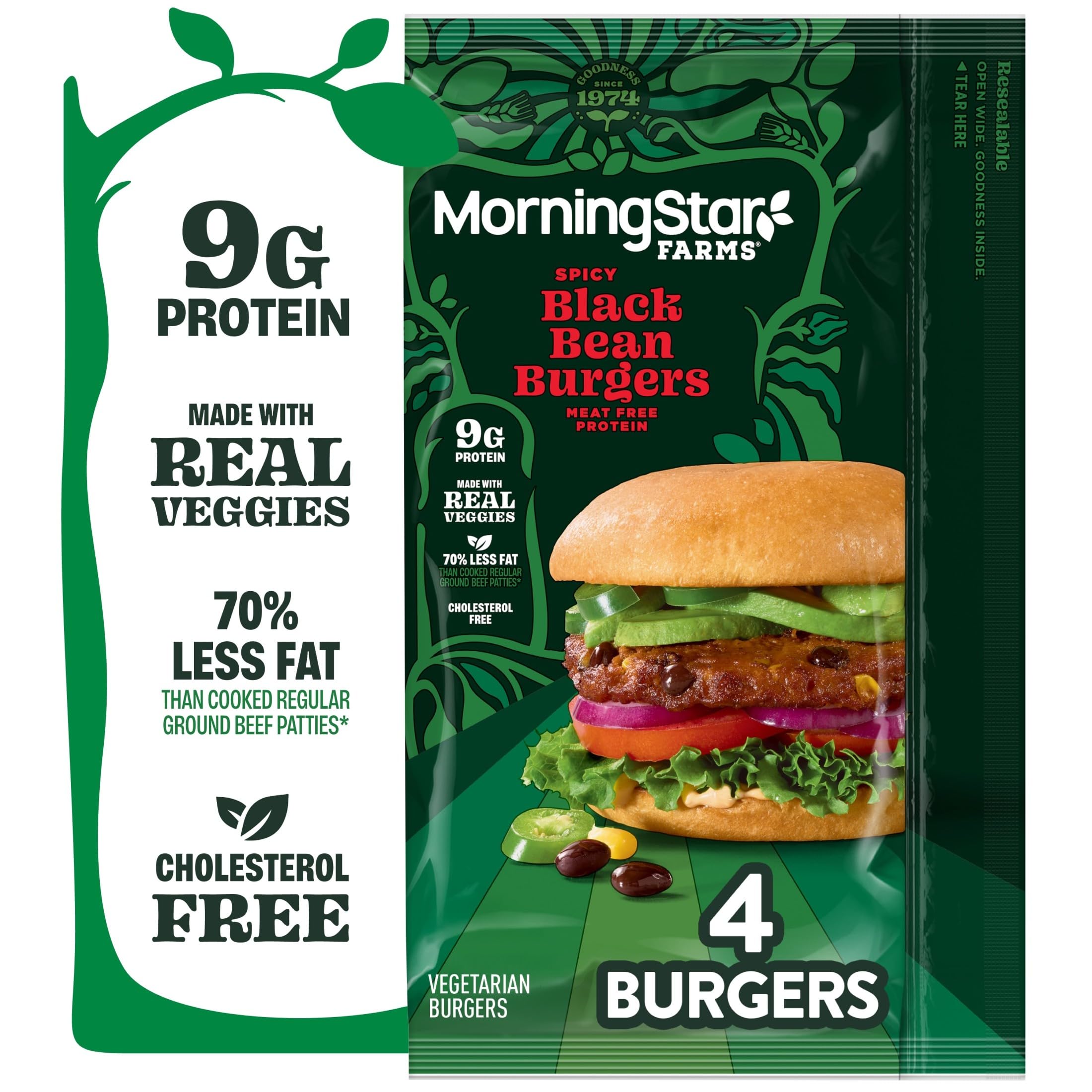MorningStar Farms Veggie Burgers, Vegetarian Meat, Spicy Black Bean (4 Count)