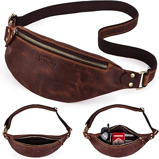 Top Grain Genuine Leather Slim Waist Pack for Man & Woman, Minimalist Vintage Design, Handmade with Detachable Hardware, Slim Fanny Pack Small Crossbody Belt Bag for Traveling or Riding, Coffee