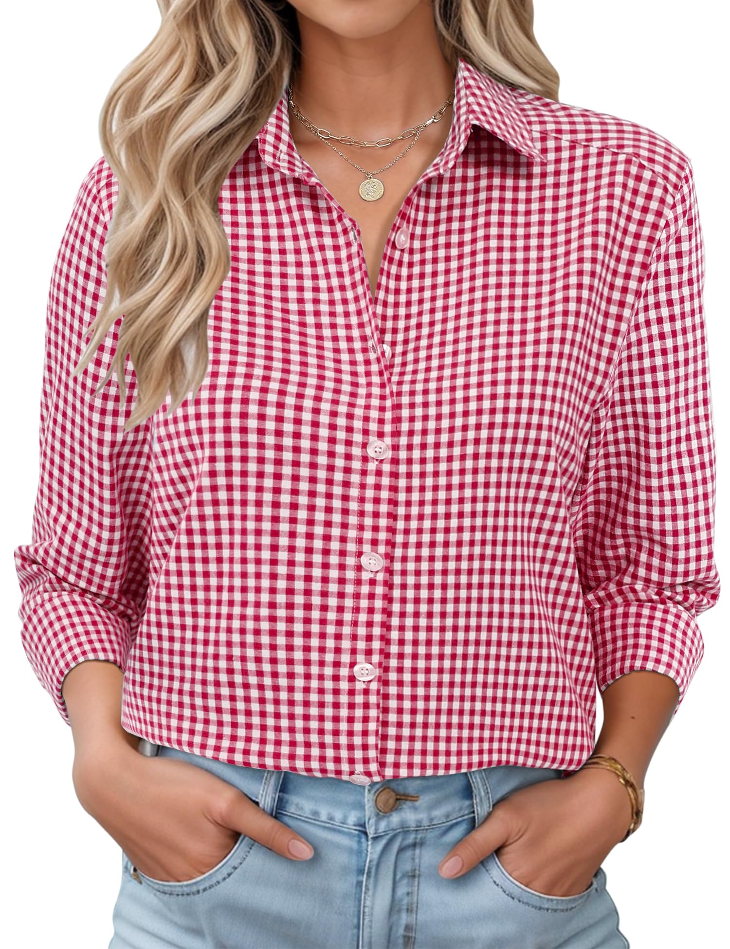 LOMON Womens Long Sleeve Button Down Shirts Casual Loose Fit Cotton Collared Blo