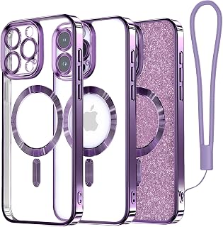 Meifigno Candy Series iPhone 15 Pro Max Magnetic Case Compatible with MagSafe with Glitter Insert, Wrist Strap and Full Camera Protection for Women, Purple