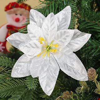 5 Pieces Christmas Artificial Flowers Large Size Velvet Fabric Hanging Christmas Tree Decoration Home Wedding Party Decoration 5.5 Inch (Silver)
