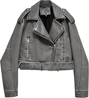 LY VAREY LIN Women Faux Leather Cropped Jacket Lapel Zipper Biker Short Coat with Belt