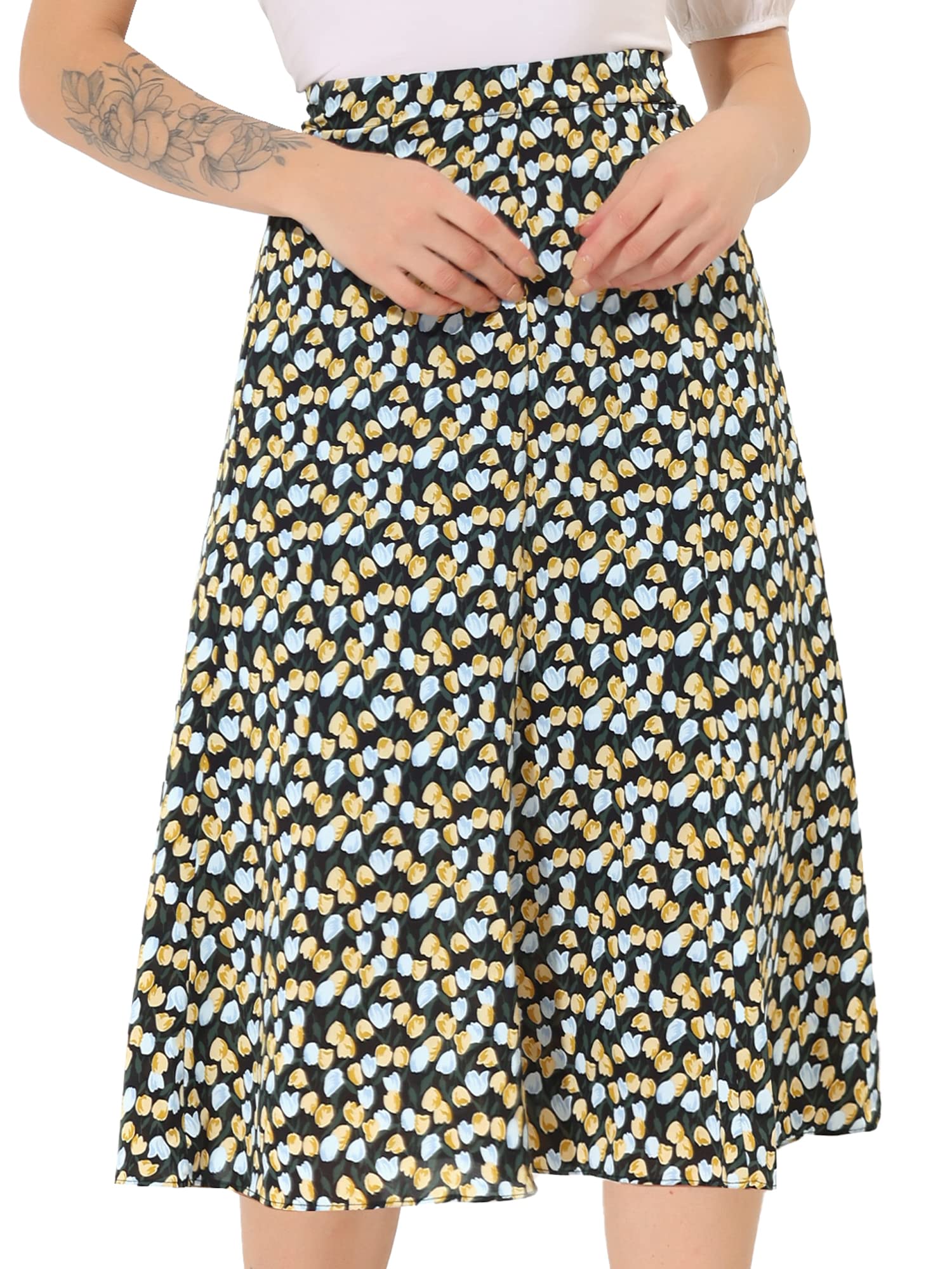 Allegra K Women's Floral Midi Skirt Elastic Waist A-Line Casual Print Skirt