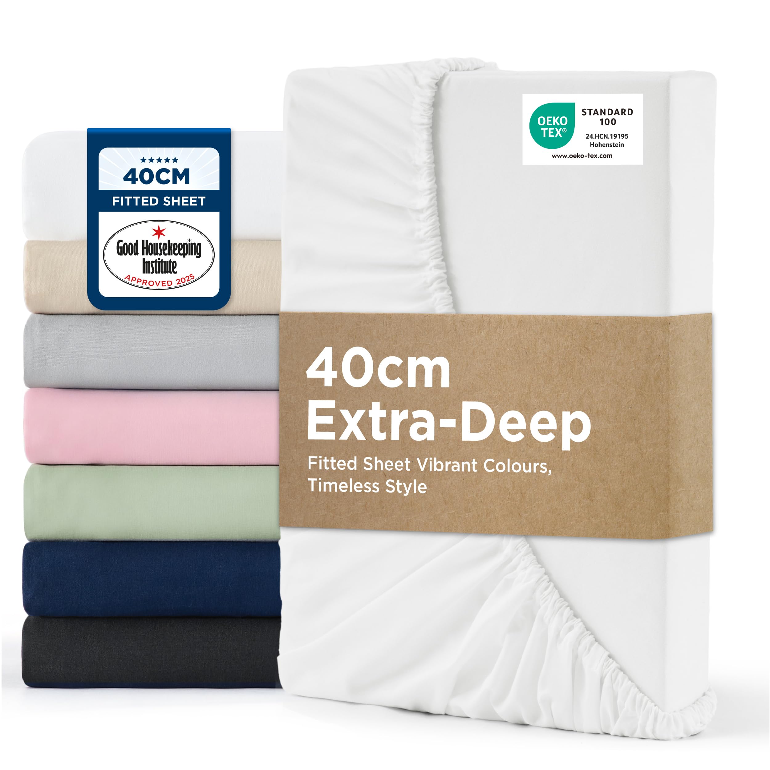 Bedsure Small Double Fitted Sheet - 40cm Pocket, White, 122x190cm