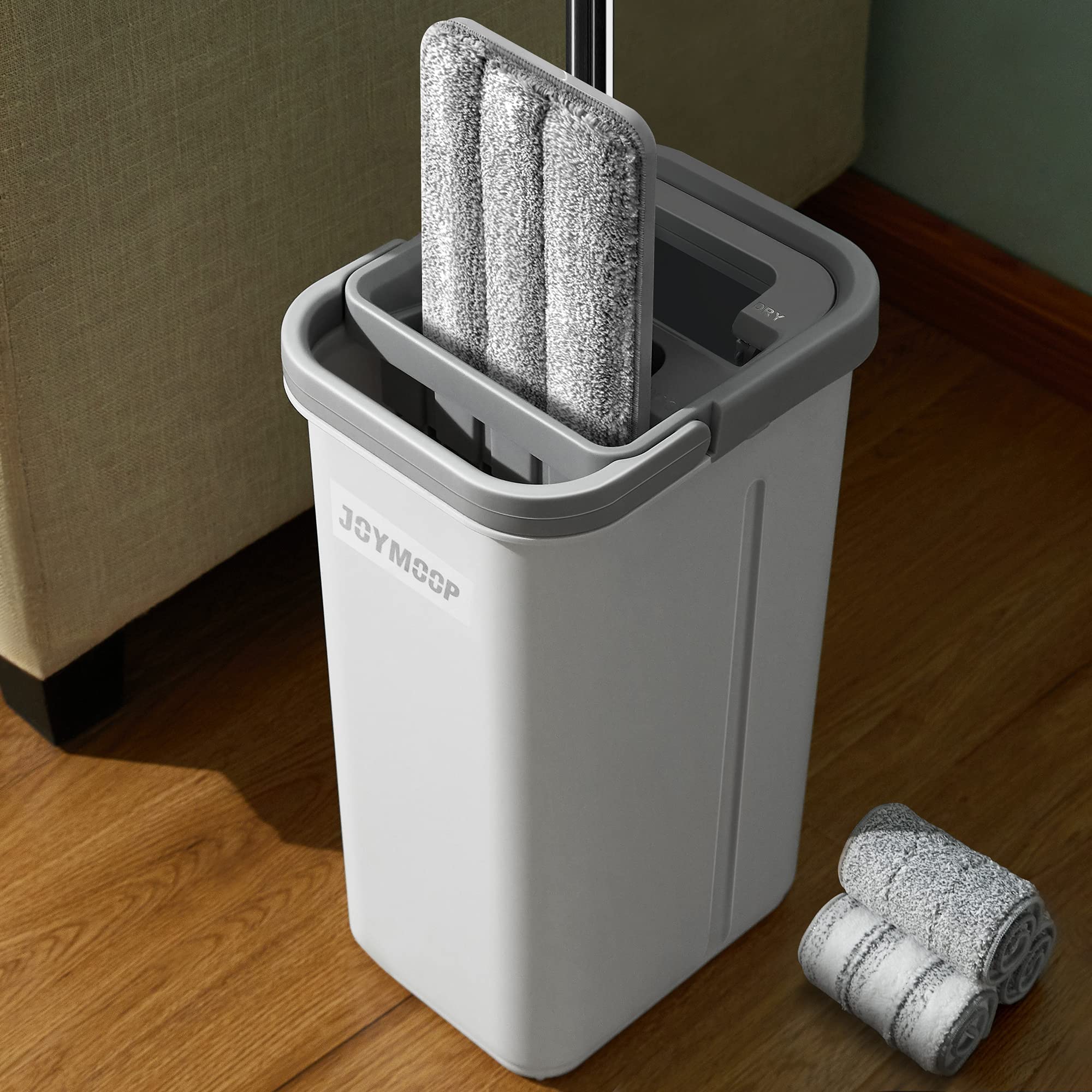 JOYMOOP Flat Mop System, Wall Mop and Bucket Set, Commercial, White, 3 Pads | We
