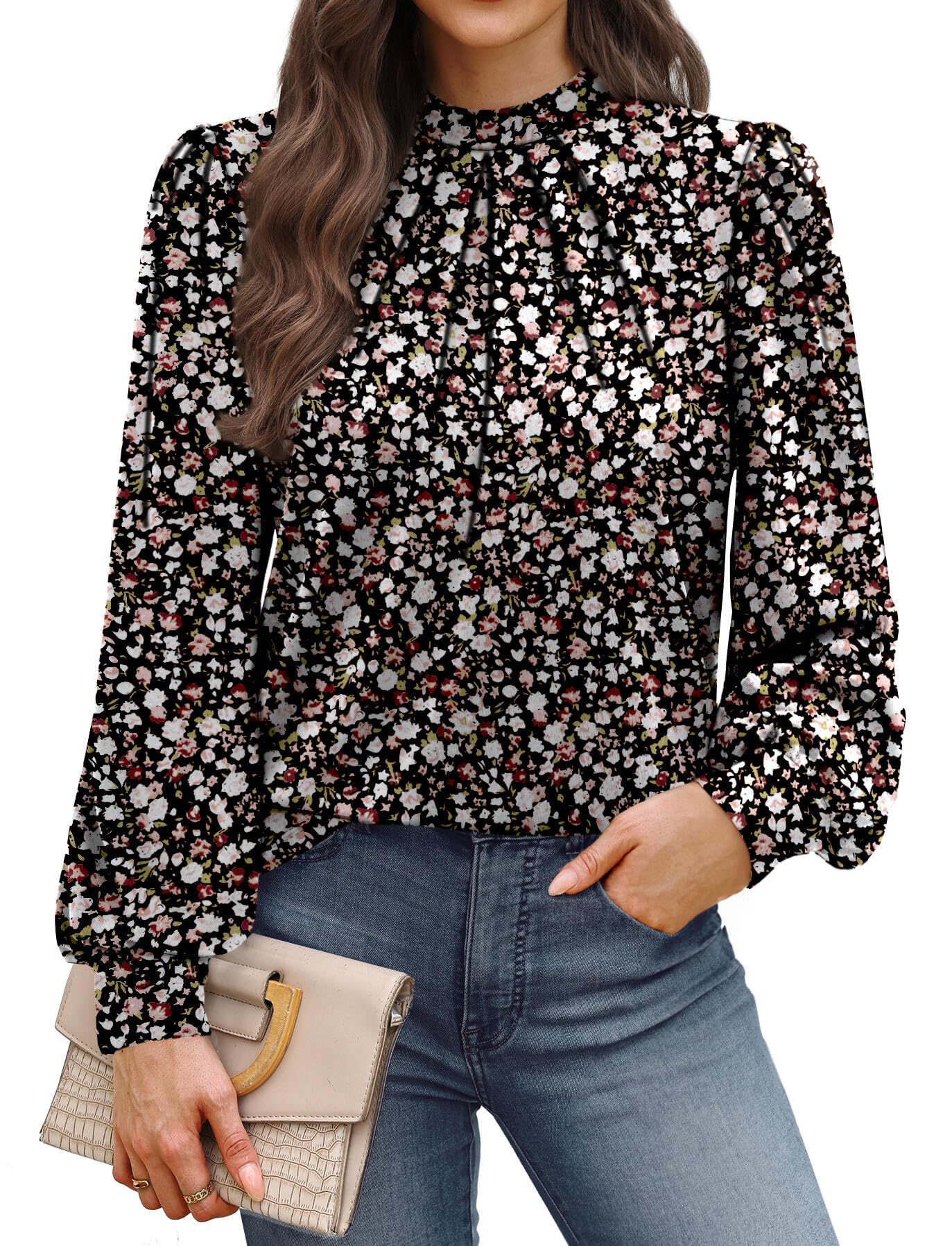 WIHOLL Long Sleeve Shirts for Women Mock Neck Tops Pleated Front Blouses Dressy 