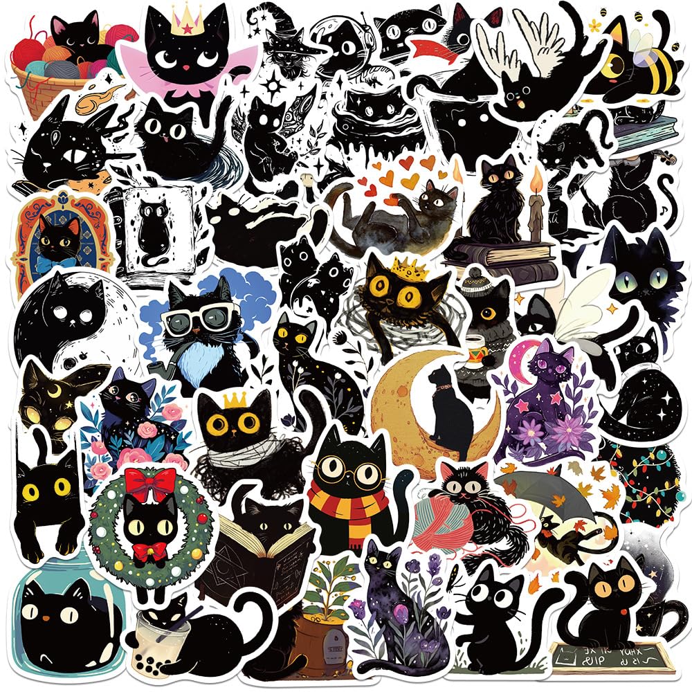 50 Pcs Black Cat Stickers Funny Black Cat Stickers for Water Bottle Laptop Phone