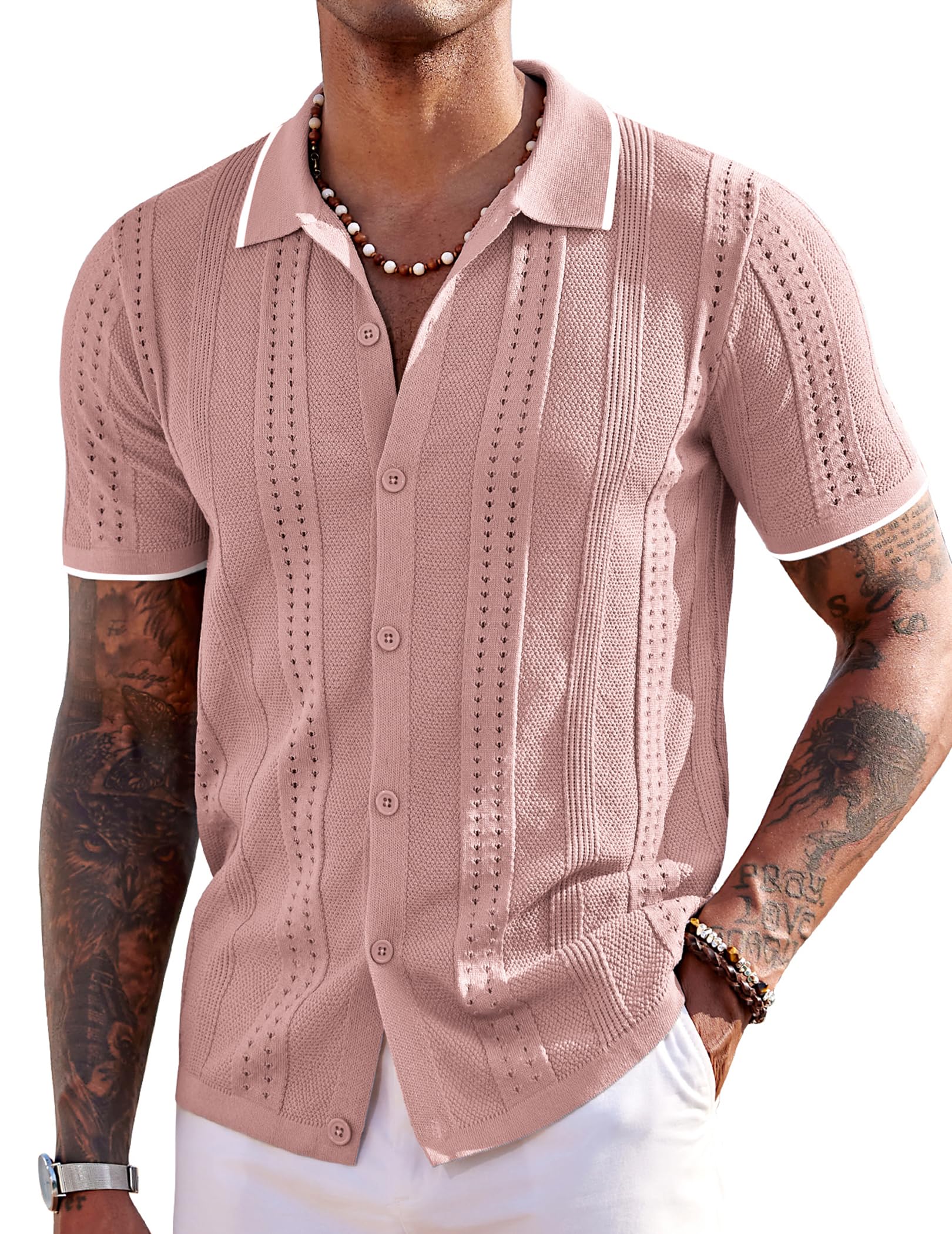 COOFANDY Mens Casual Shirt Short Sleeve Waffle Knit Shirt Wrinkle Free Summer Be