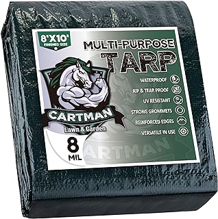 CARTMAN 8x10Ft Multipurpose Waterproof Poly Tarp Cover 8 Mil, Green | Reinforced edges, metal grommets every 36in, 10x10 weave, fits camping, emergency shelter, outdoor gear & cargo protection