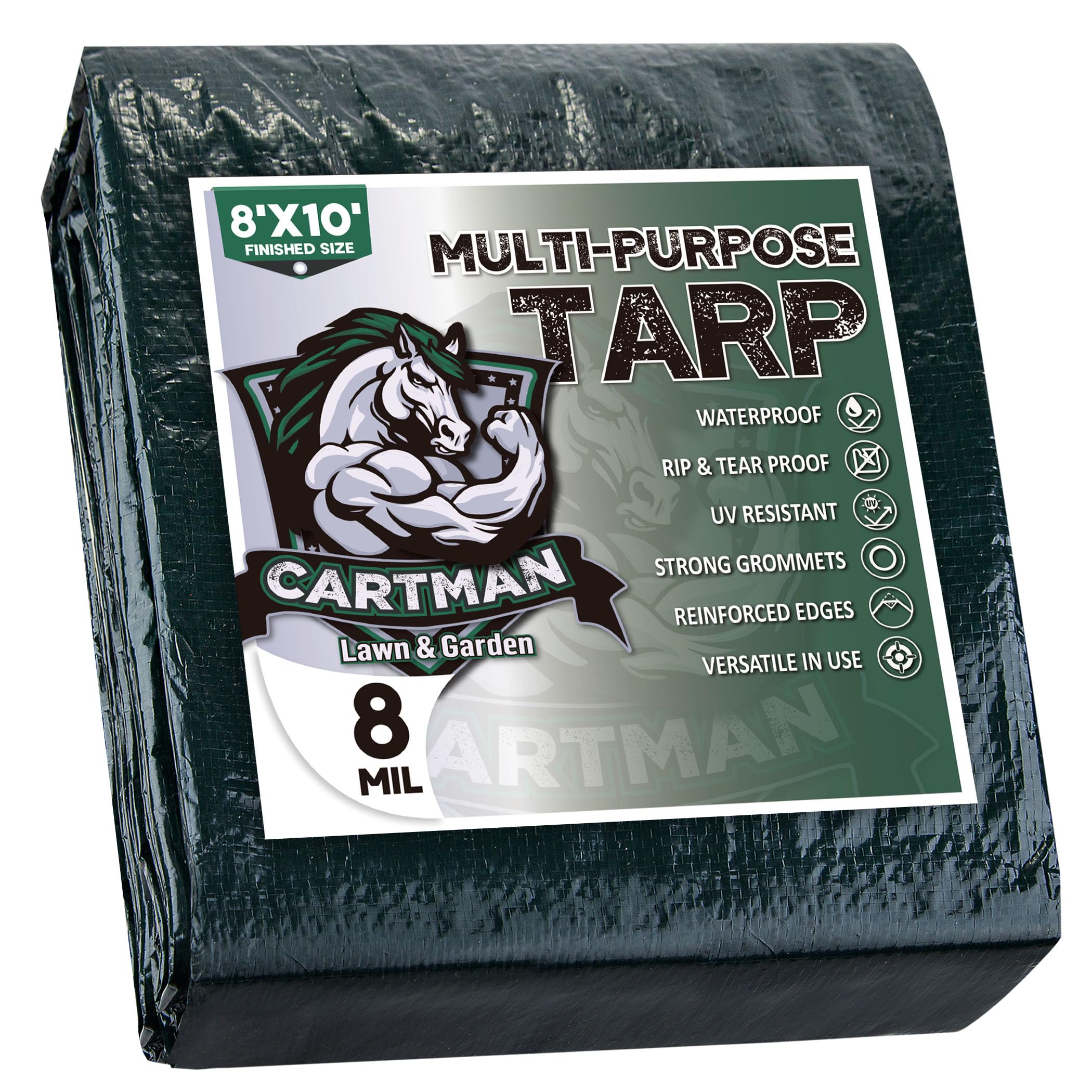 CARTMAN 8x10Ft Multipurpose Waterproof Poly Tarp Cover 8 Mil, Green | Reinforced