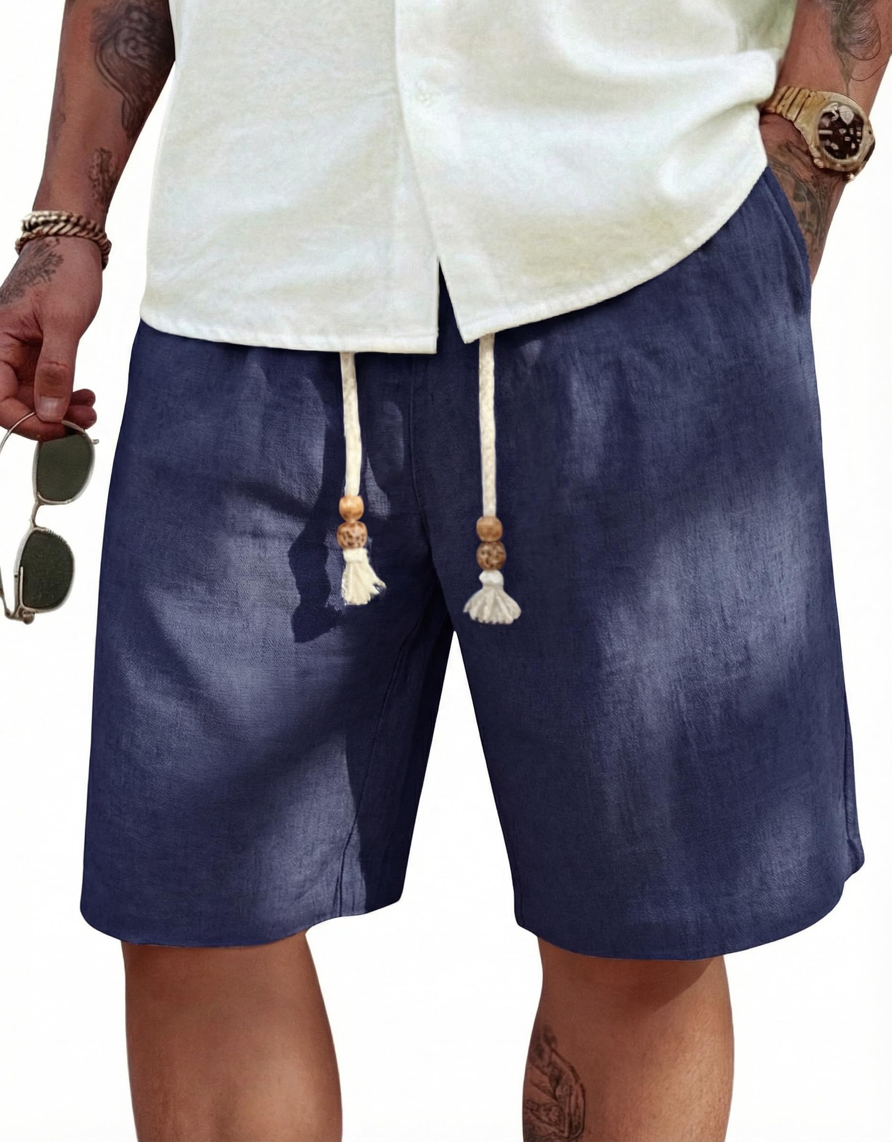 COOFANDY Pantalones cortos de lino para hombre, informales, cintura elástica, co