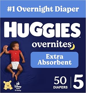 Huggies Overnites Diapers Size 5, 50 Count | Extra Absorbency, Nighttime Leak Protection, 4X Sleep Protection, Pillowy Soft Leg Cuffs, Wetness Indicator, Hypoallergenic